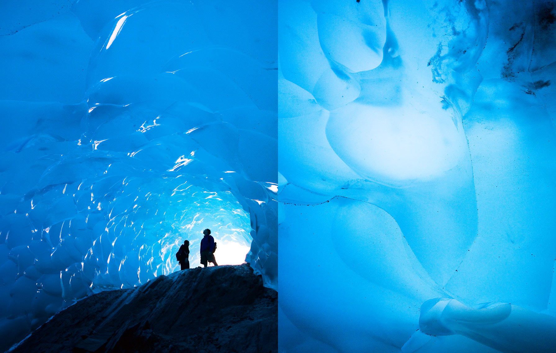  The view from inside a glowing blue ice cave in the Mendenhall glacier in Alaska. Travel and adventure photo.