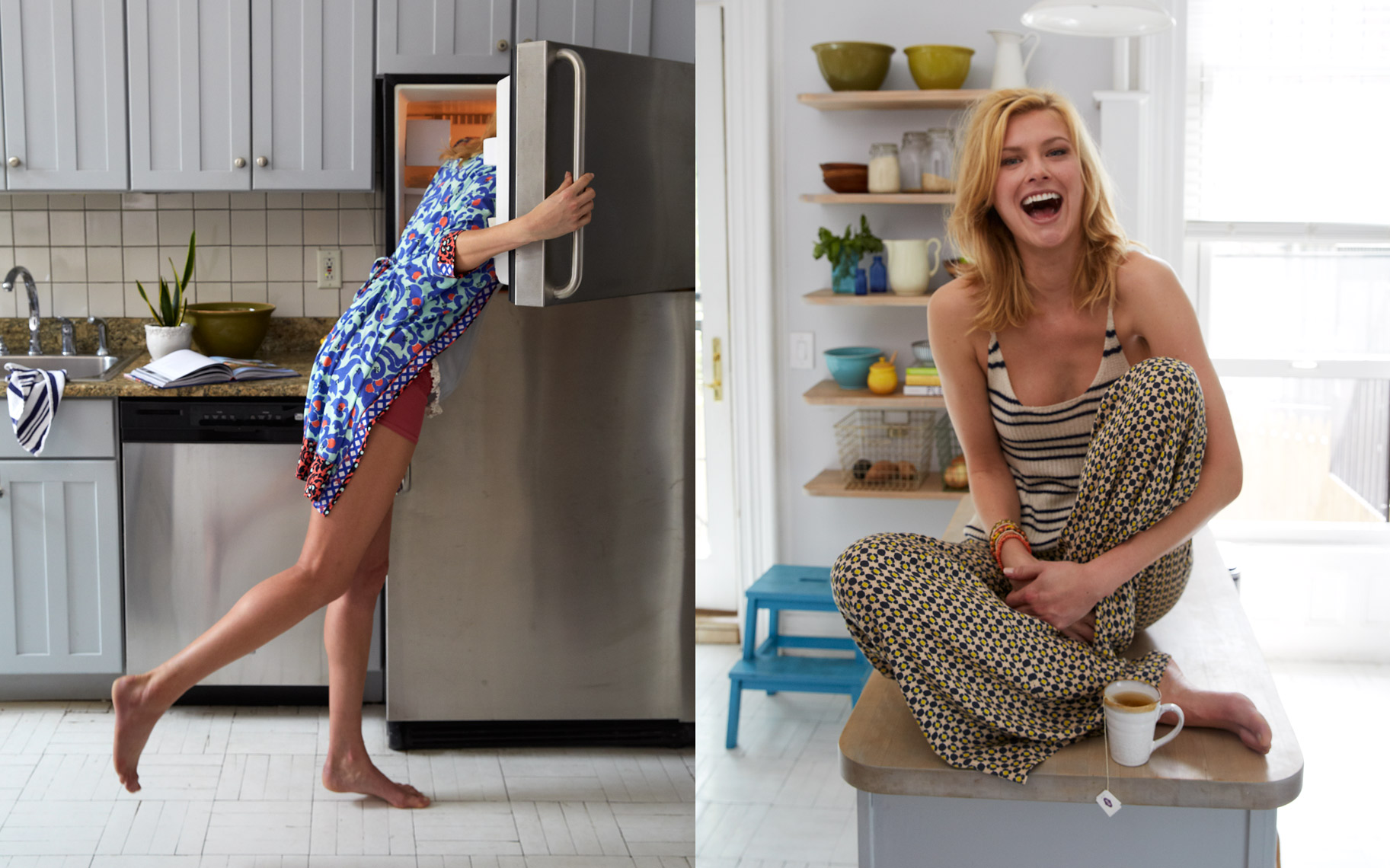 Humorous image of a woman in a robe leaning almost all the way into a fridge in a clean modern kitchen. Second image of a female model sitting on top of a kitchen counter laughing and holding a coffee cup.